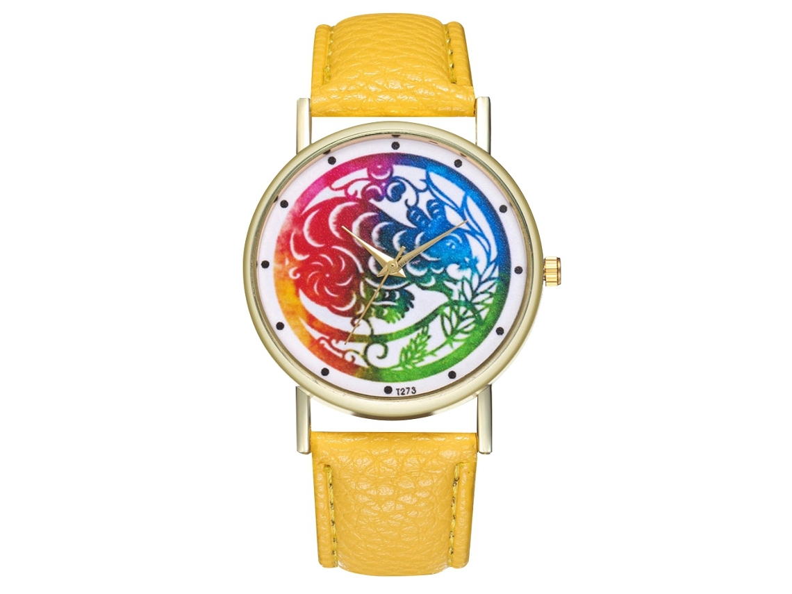Reloj De Cuero Pu Moda Unisex Dial Redondo Patrón Animal Cuarzo (amarillo)