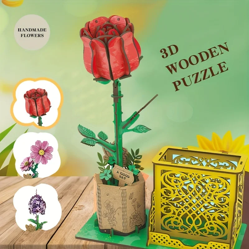 (vermelho) Artesanato De Flores De Madeira 3d, Blocos De Montar De Flores, Kit De Modelo Faça Você Mesmo