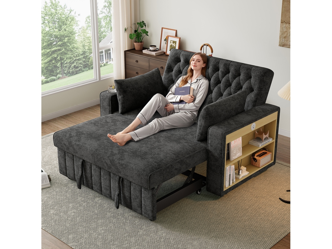 Sofá-cama Multifuncional De 3 Lugares - Com Arrumação, Função Cama, Porta-copos, Usb E Almofadas - Cinza