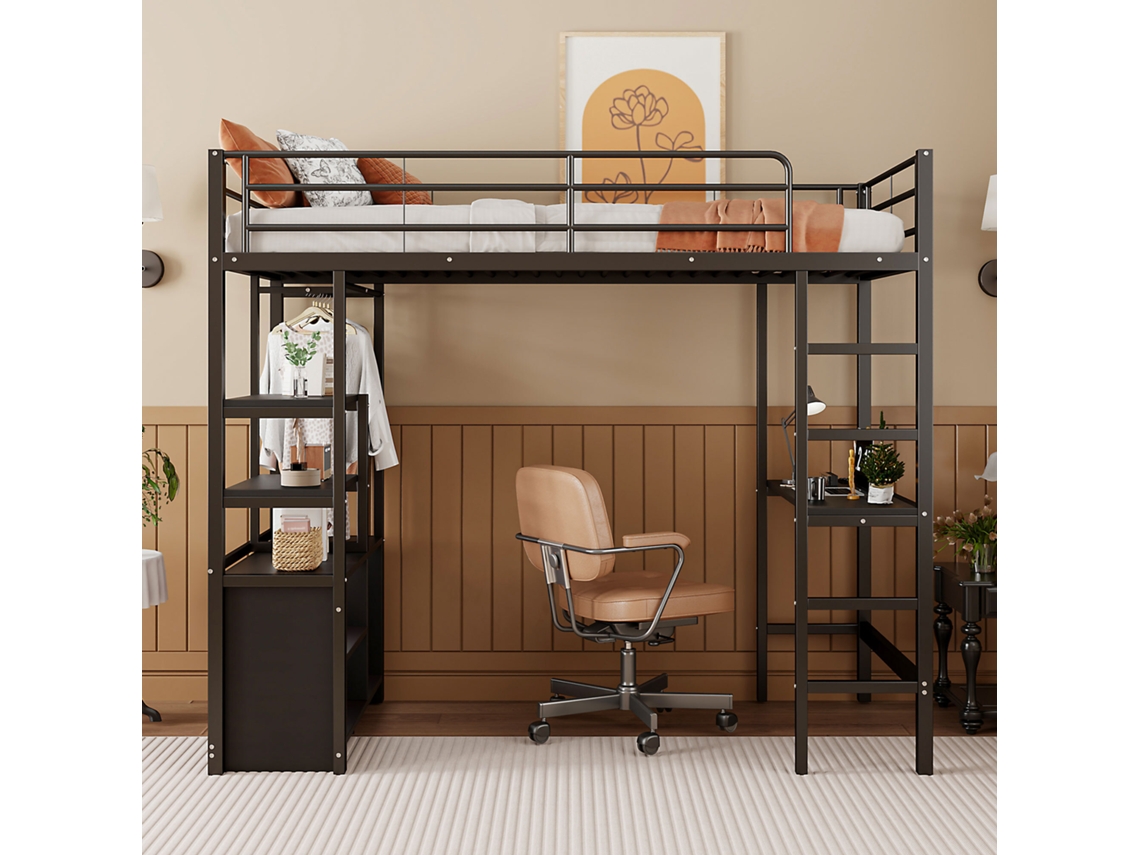 Beliche Mezanino 90x200cm com mesa, porta usb, prateleiras, guarda corpo, escada, estrutura metálica, capacidade 120kg, preto KOMHTOM