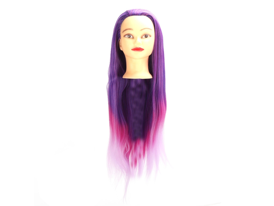 Cabeça de manequim com degradê rosa-roxo para prática de cabeleireiro