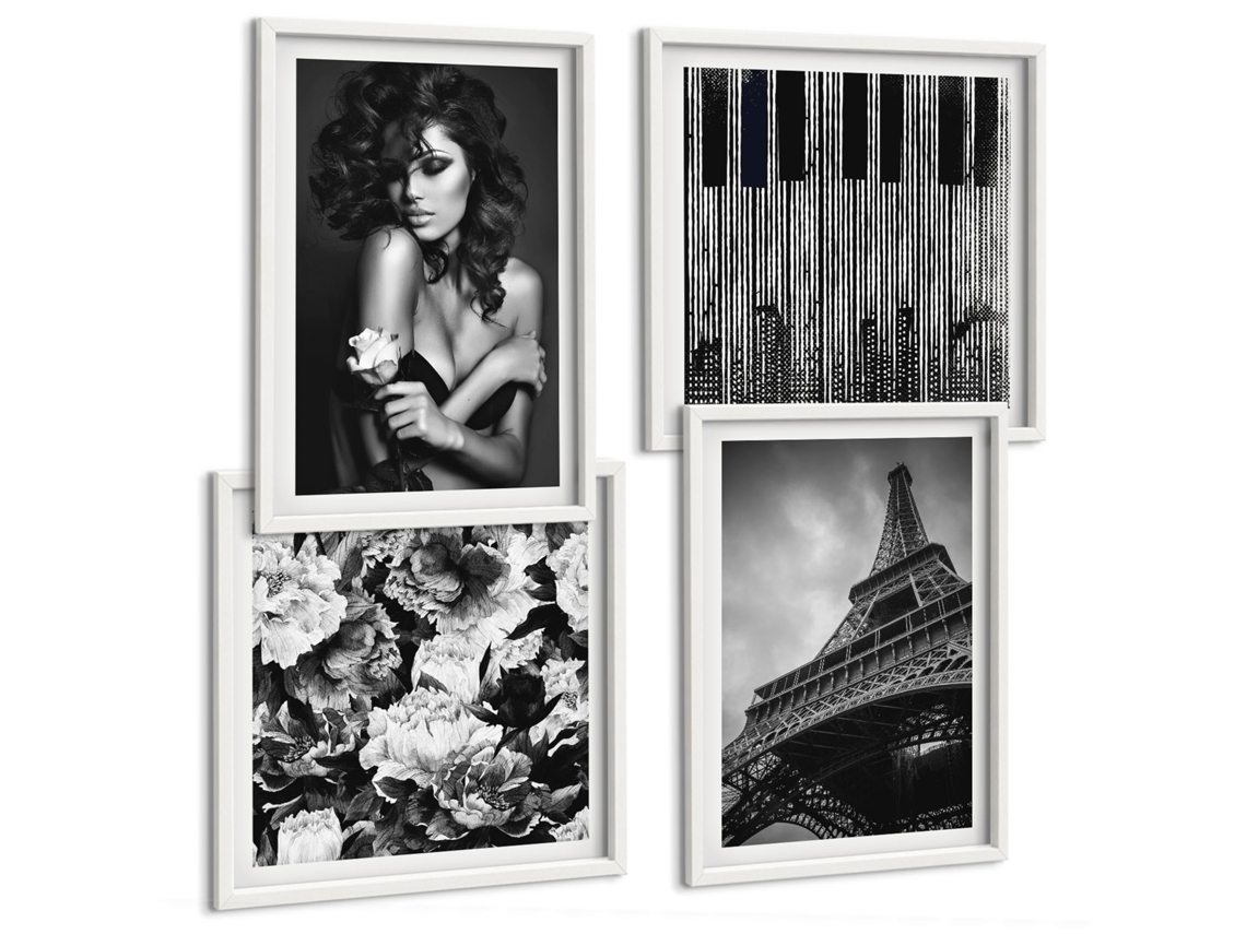 Conjunto De Pinturas Retrato De Uma Mulher Com Uma Rosa Eiffel Moldura Branca Imagens Para Um Quarto Infantil Espelharte (conjunto De 4 Imagens)