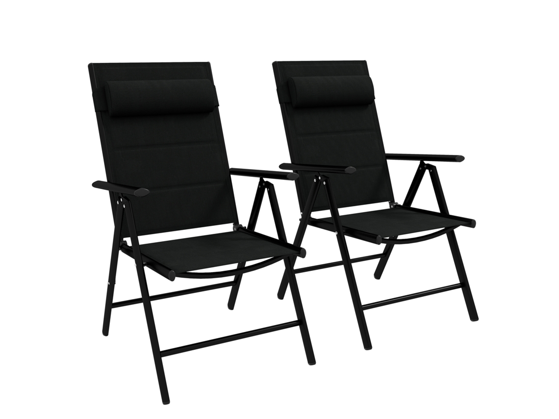 2 cadeiras dobráveis com encosto reclinável e apoio de cabeça, alumínio e poliéster (54x67x108 cm) preto BTFORUS