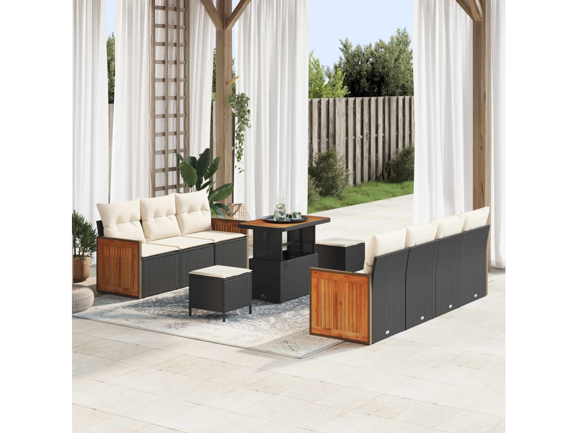Vidaxl Conjunto De Sofá De Jardim Com Almofada 10 Pcs Preto E Creme