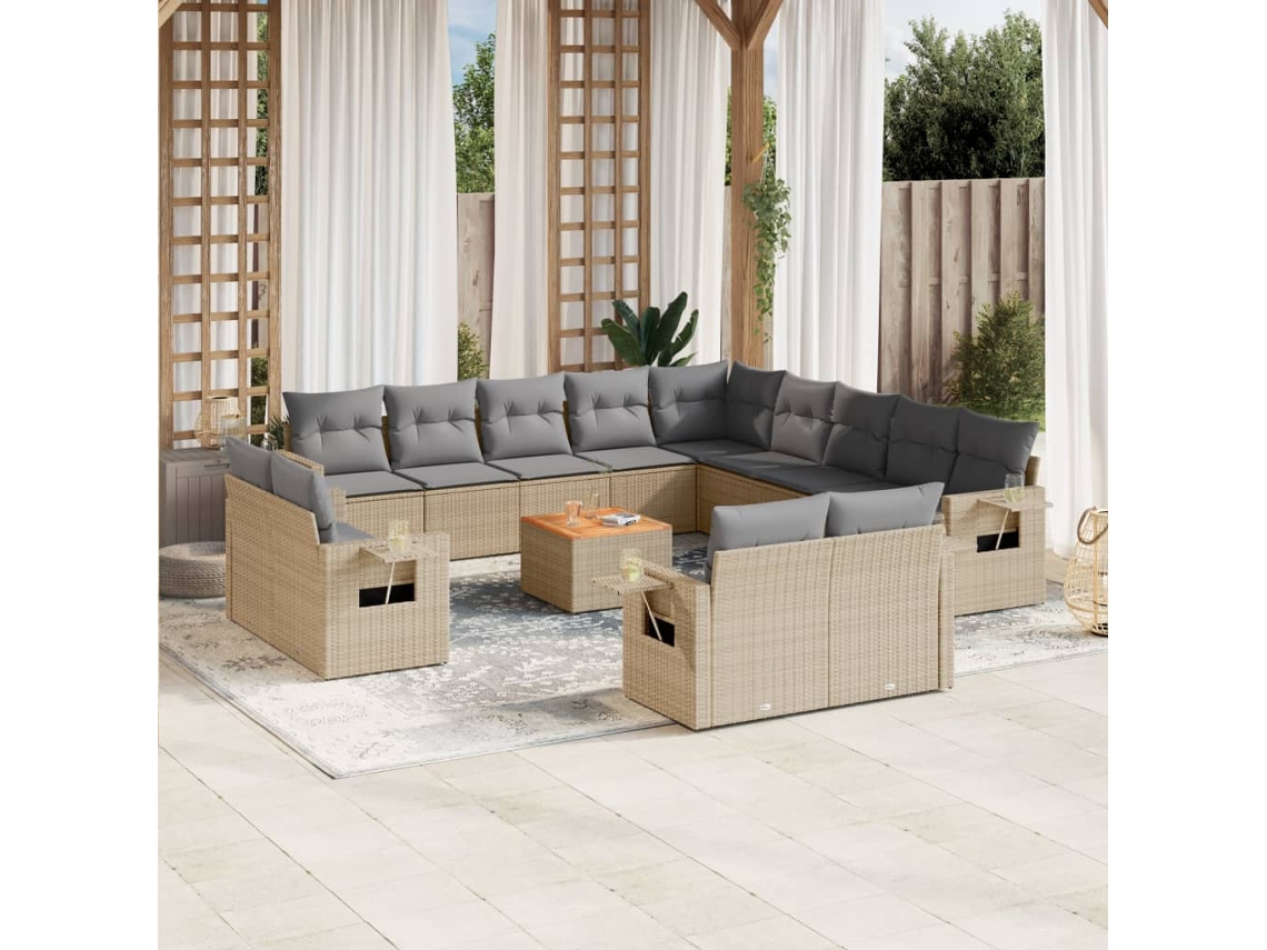 Vidaxl 14 Pcs Conj. Sofás Jardim C/ Almofadões Vime Pe Bege Misturado