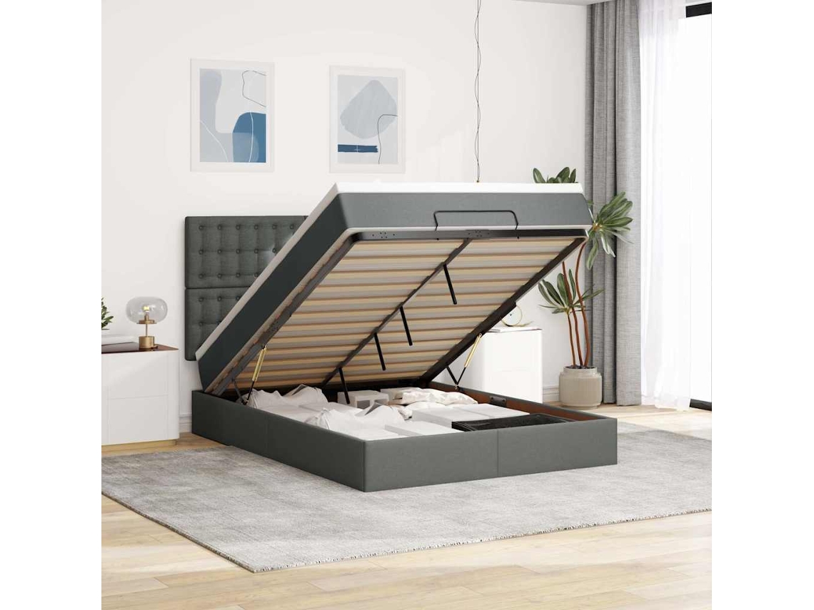 Vidaxl Estrutura Cama Otomana Colchão 140x200cm Tecido Cinzento Escuro