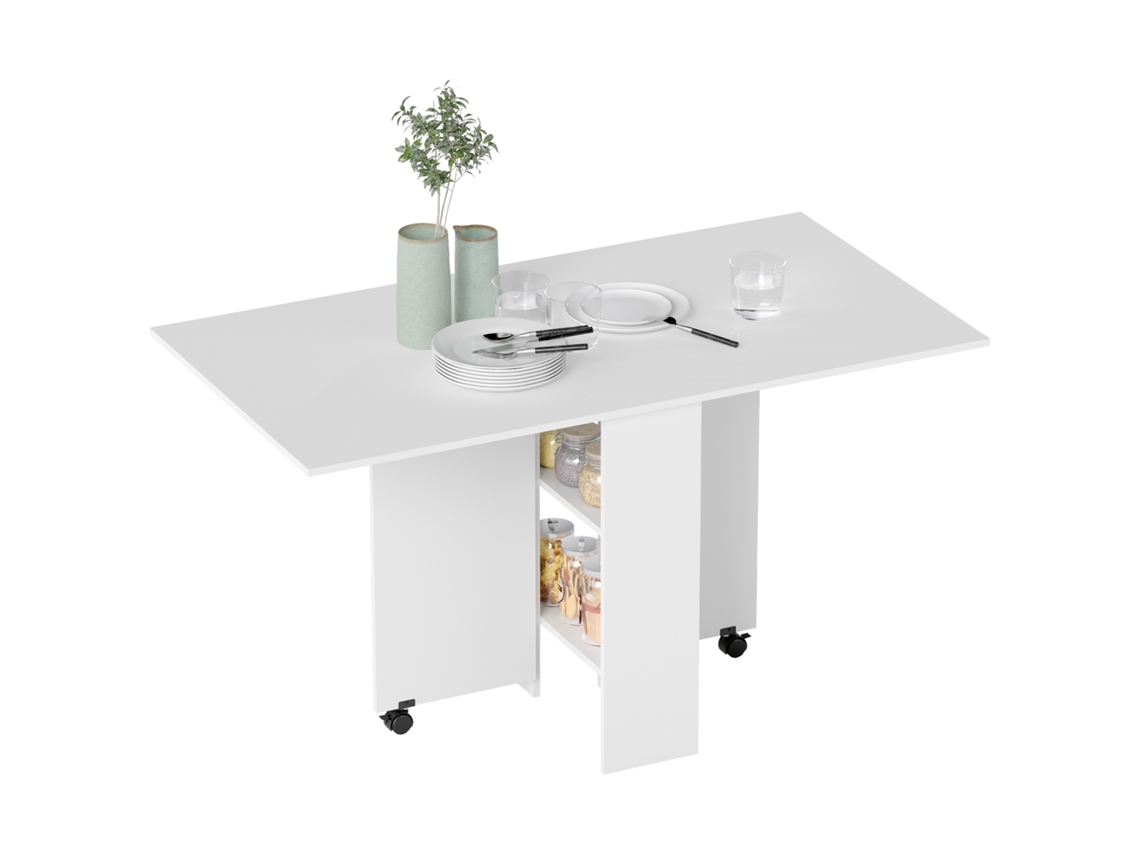 Mesa de Jantar Dobrável para 6 Pessoas, com 2 Prateleiras e Rodas, Branco | S/MARCA