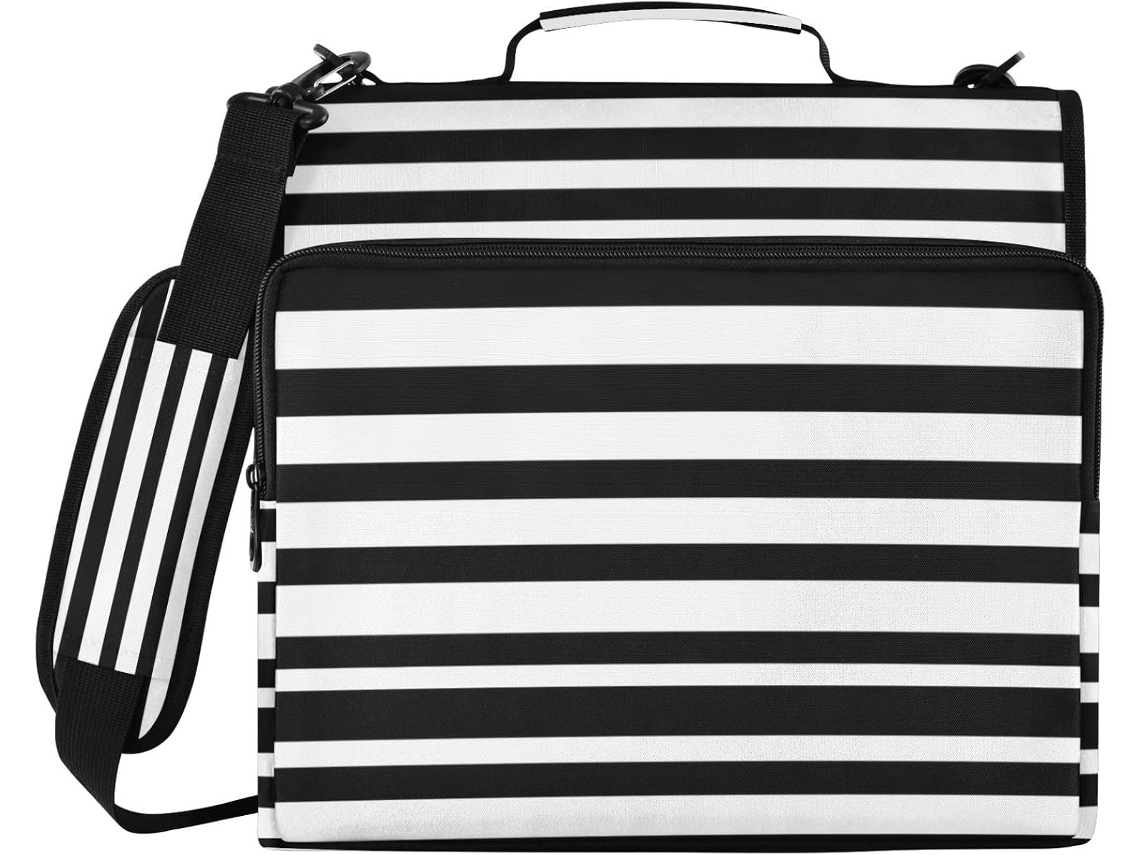 Pasta Organizadora Listrada Em Preto E Branco, Fichário Com Zíper E Pasta De Arquivo 3 Argolas, Poliéster Resistente À