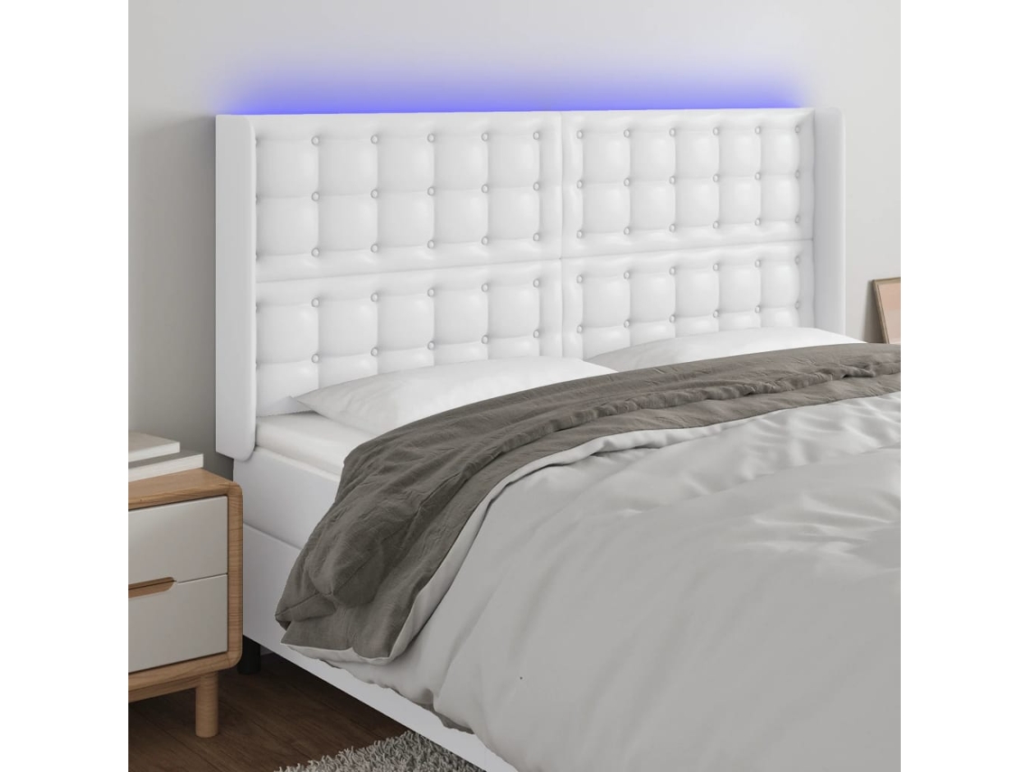 Vidaxl Cabeceira Cama C/ Led Couro Artificial 203x16x118/128 Cm Branco
