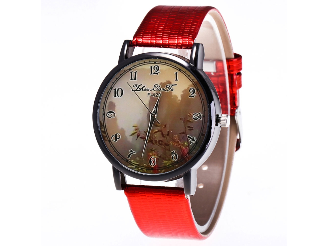 Relógio de quartzo unissex com pulseira de couro PU, mostrador redondo e design horizontal (vermelho)