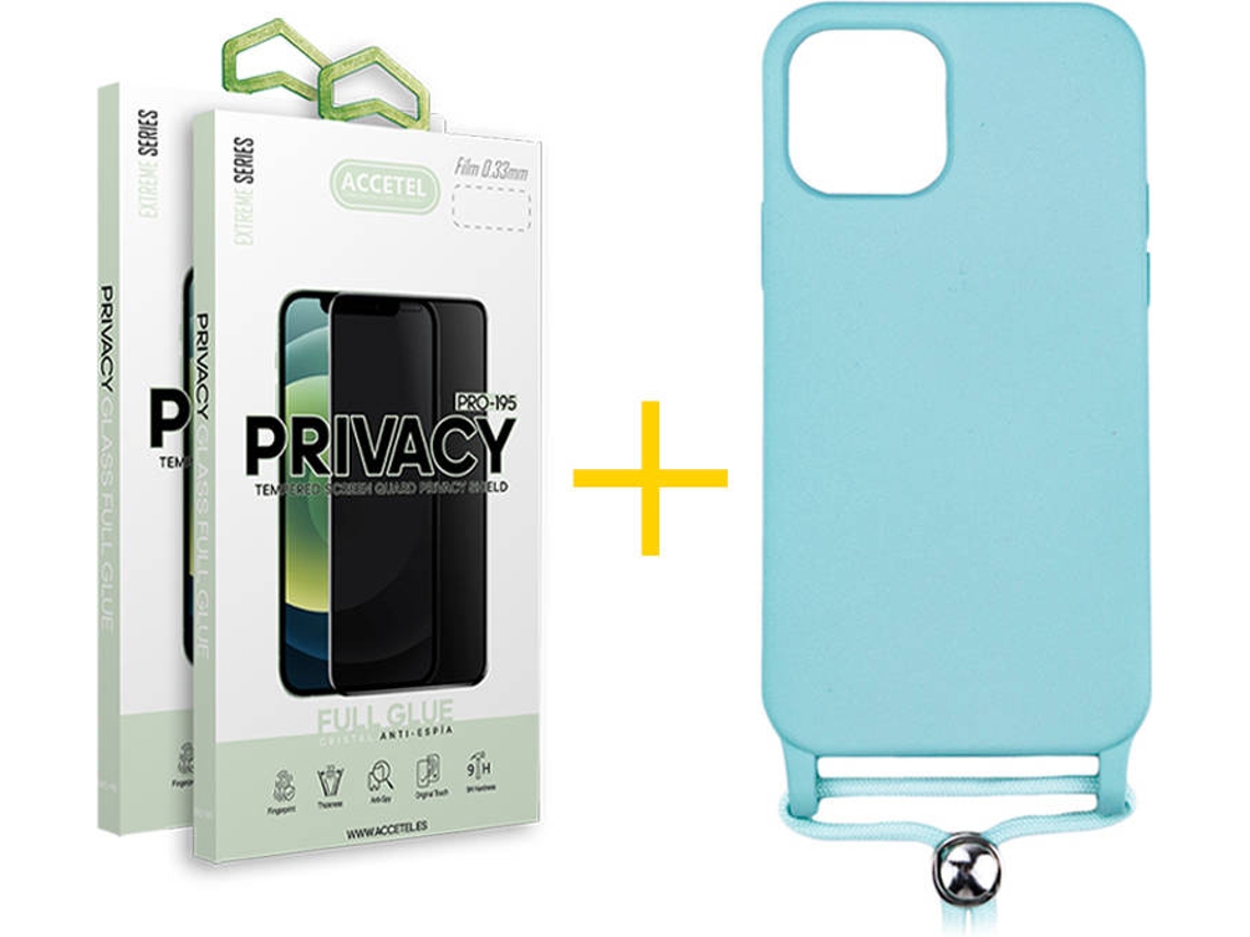 Capa + 2 Películas de Vidro Anti-Spy iPhone 13 Pro Max ACCETEL Gel Rope Azul Água