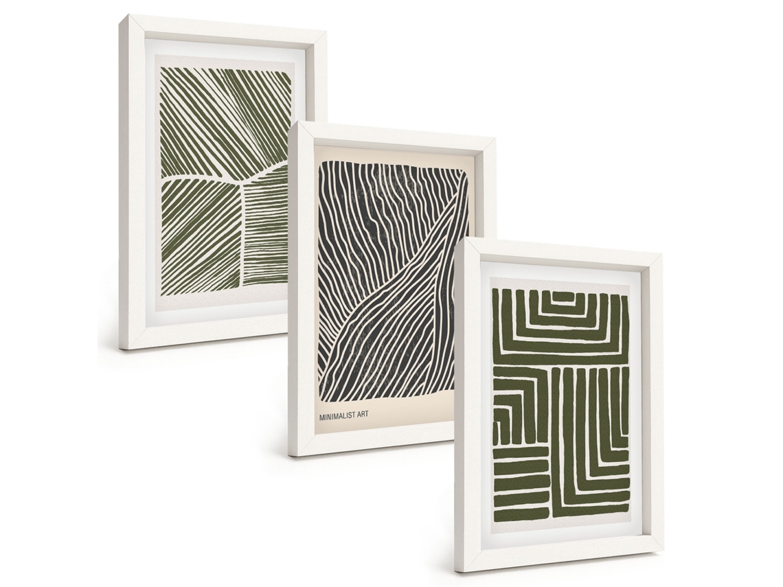 Conjunto De Pinturas Padrões De Linhas Verdes Formas Moldura Branca Quadros Para A Sala De Estar Espelharte (3 Peças 20x30 Cm)