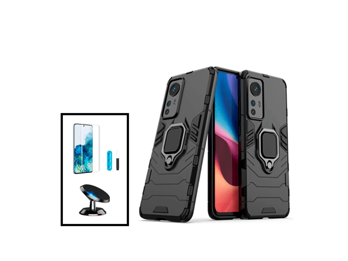Kit Película de Vidro Nano Curved Uv Capa 3X1 Military Defender Suporte Magnético de Carro para Xiaomi 12 Pro Preto PHONECARE