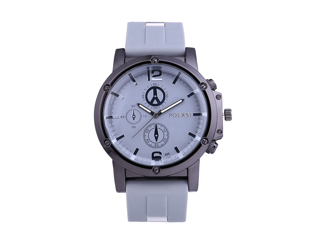 Relógio masculino casual, mostrador redondo com três indicadores, pulseira de silicone, movimento de quartzo, cinza.