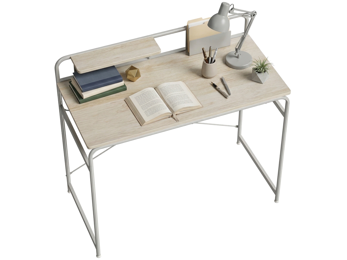 Mesa de escritório moderna com prateleira, estrutura de metal, fácil montagem, 98x48x88.5cm, carvalho BTFORUS
