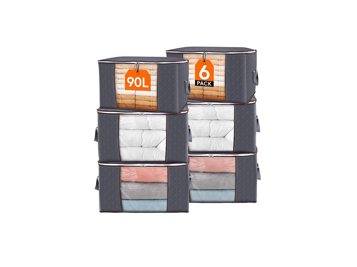 Conjunto De 6 Sacos De Armazenamento Para Roupas De 90l Com Tampa, Alça Reforçada E Tecido Grosso, Cinza