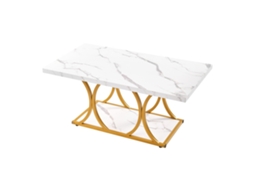 Mesa De Centro Retangular Mármore Branco 100x55cm Com 2 Níveis E Pés Geométricos Dourados - Design Moderno Para Sala De Estar Tekmaquinas