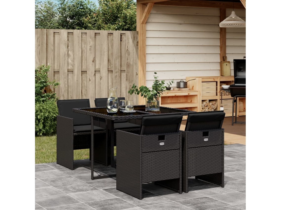 Vidaxl 5 Pcs Conjunto De Jantar P/ Jardim C/ Almofadões Vime Pe Preto