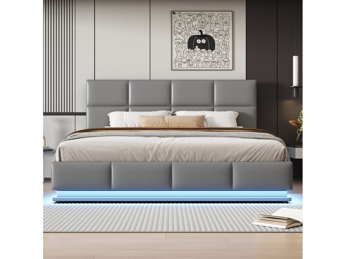 Cama de casal 180x200cm, hidráulica com baú, LED, cabeceira ajustável, couro sintético, capacidade 300kg, sem colchão, cinza claro, KOMHTOM
