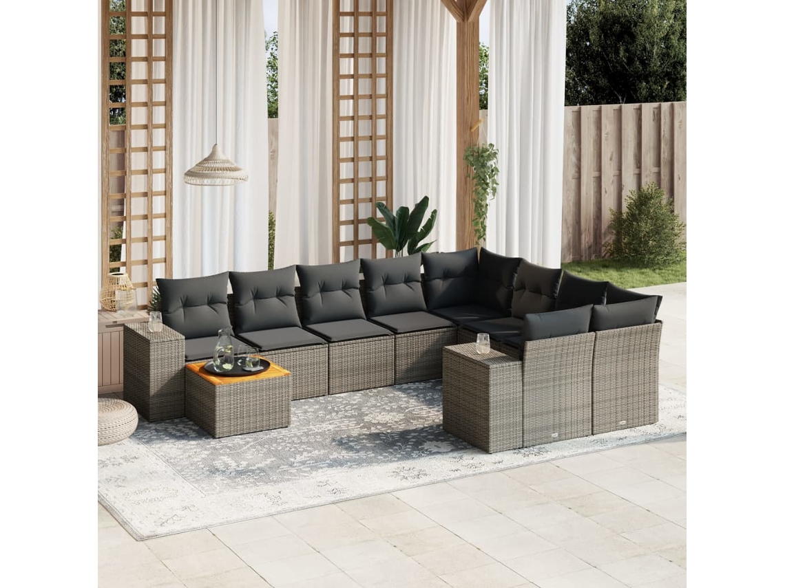 Vidaxl 10 Pcs Conjunto Sofás De Jardim C/ Almofadões Vime Pe Cinzento