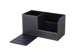 Porta Lápices De Madera Y Cuero Pu Negro Organizador De Escritorio 20.3x9.3x11cm