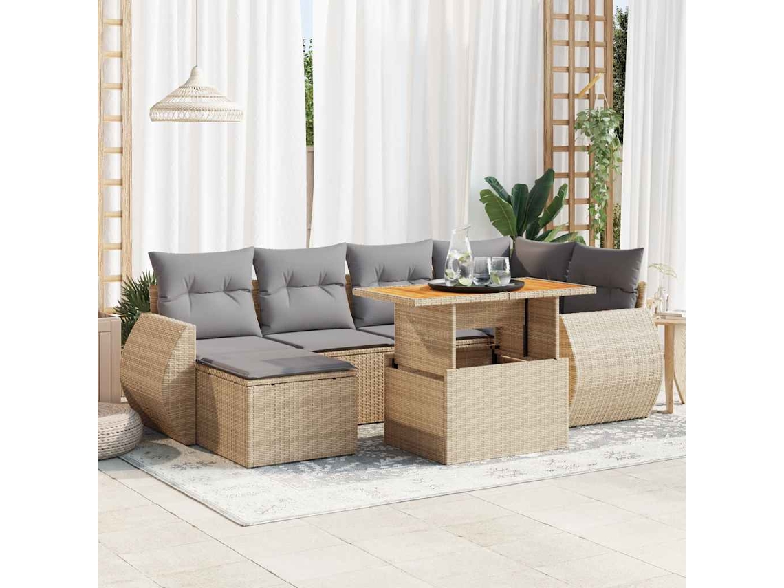 Vidaxl 7 Pcs Conjunto De Sofás P/ Jardim Com Almofadões Vime Pe Bege