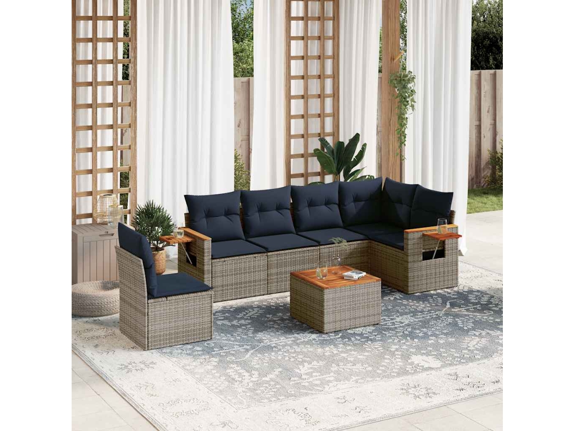 Vidaxl 7 Pcs Conjunto Sofás P/ Jardim C/ Almofadões Vime Pe Cinzento