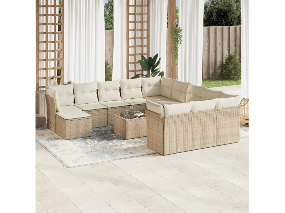 Vidaxl 13 Pcs Conjunto De Sofás P/ Jardim Com Almofadões Vime Pe Bege