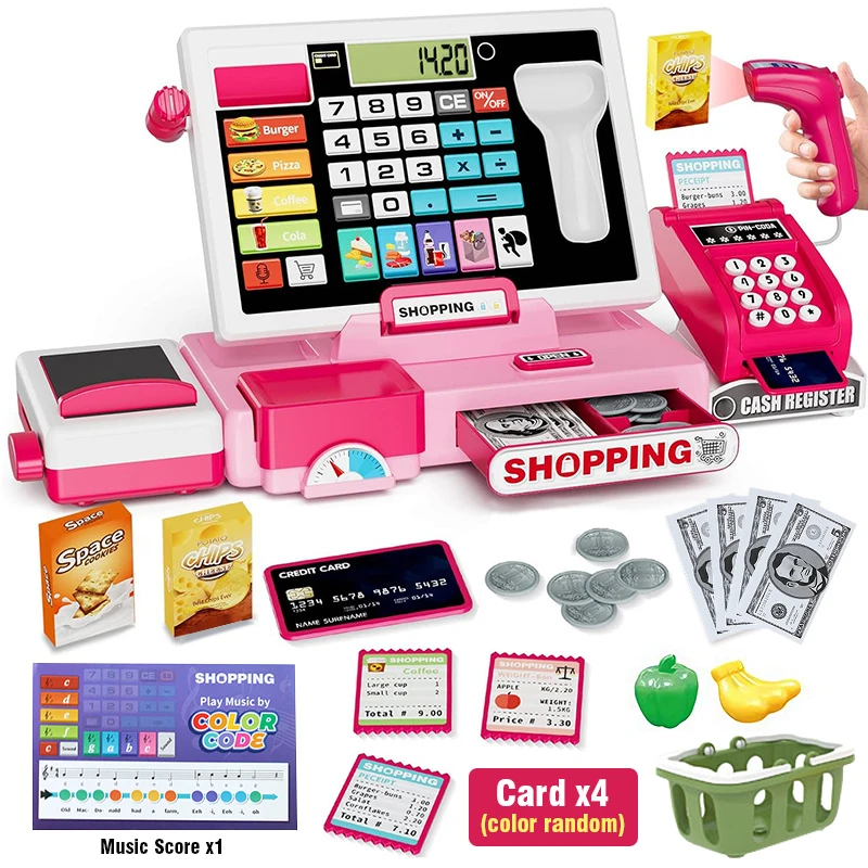 Caixa Registradora Infantil com Calculadora, Brinquedo de Loja para Brincar de Faz de Conta com Efeitos Sonoros MDUG (rosa)