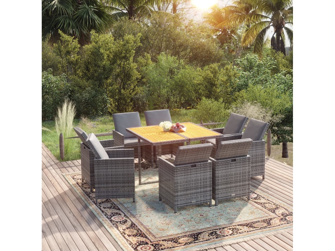 Vidaxl 9 Pcs Conjunto Jantar P/ Jardim C/ Almofadões Vime Pe Cinzento