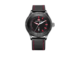 Relógio de pulso masculino analógico de quartzo com pulseira de couro, vermelho e preto.