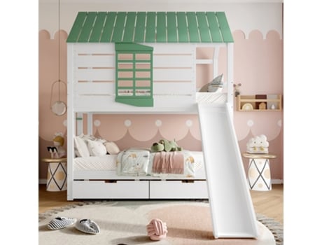 Cama Infantil Com Escorregador, 90 X 200 Cm, Branca Verde