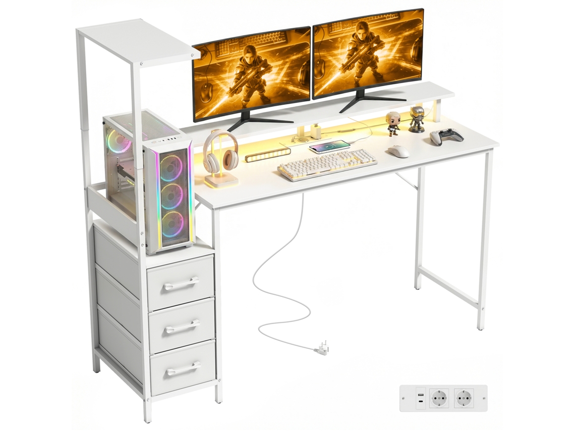 Mesa Jogos Branca 147cm, Rgb, Usb/usb c, Suporte Cpu, 3 Gavetas. Ge
