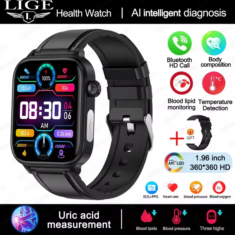 Smartwatch MDUG com frequência cardíaca, lipídios, ácido úrico, saúde menstrual preto com pulseira de couro