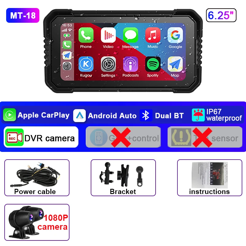 (dvr) Câmera Veicular Para Motocicleta De 6,25 Polegadas, À Prova D'água Ip67, Carplay Sem Fio