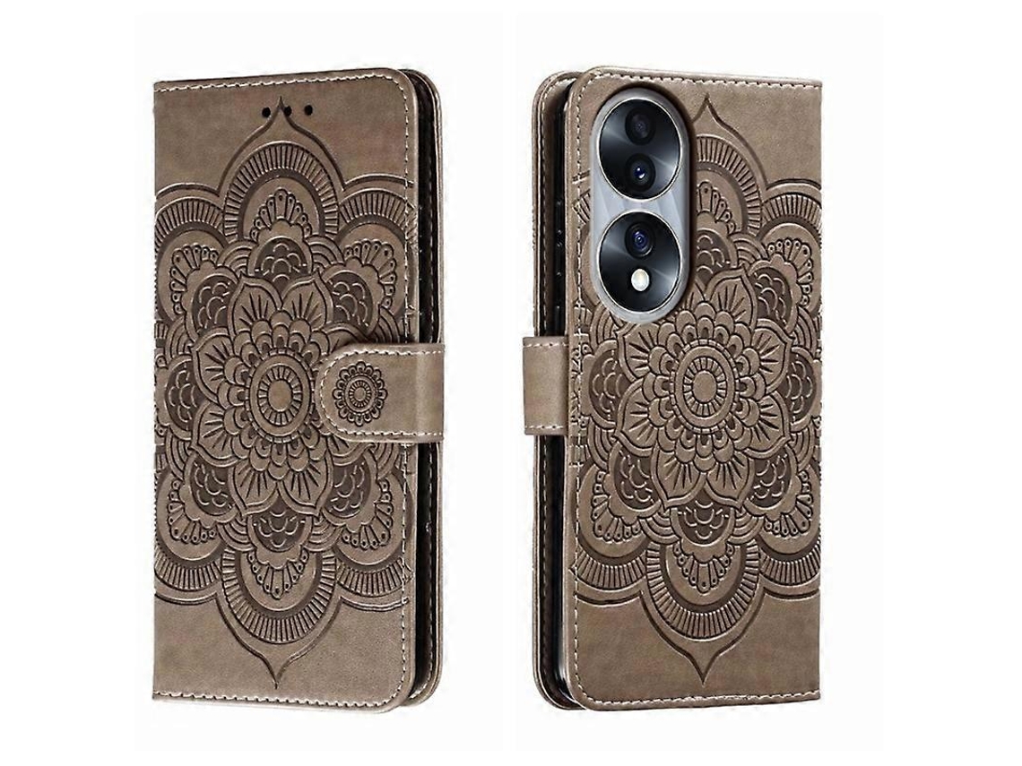 Capa De Couro Para Celular For Honor 70 Com Estampa De Mandala Do Sol Em Relevo