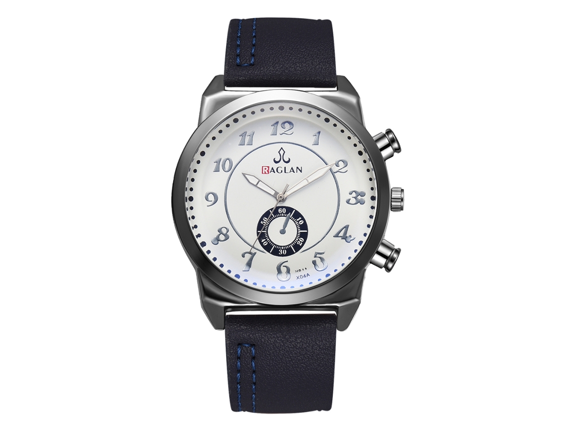 Relógio masculino de quartzo com pulseira de couro PU e mostrador duplo azul moderno.
