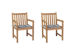 Vidaxl Cadeiras Jardim C/ Almofadões Xadrez Cinzento 2 Pcs Teca Maciça