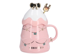 Copo Cerâmica Natal 500ml com Tampa e Colher Rosa