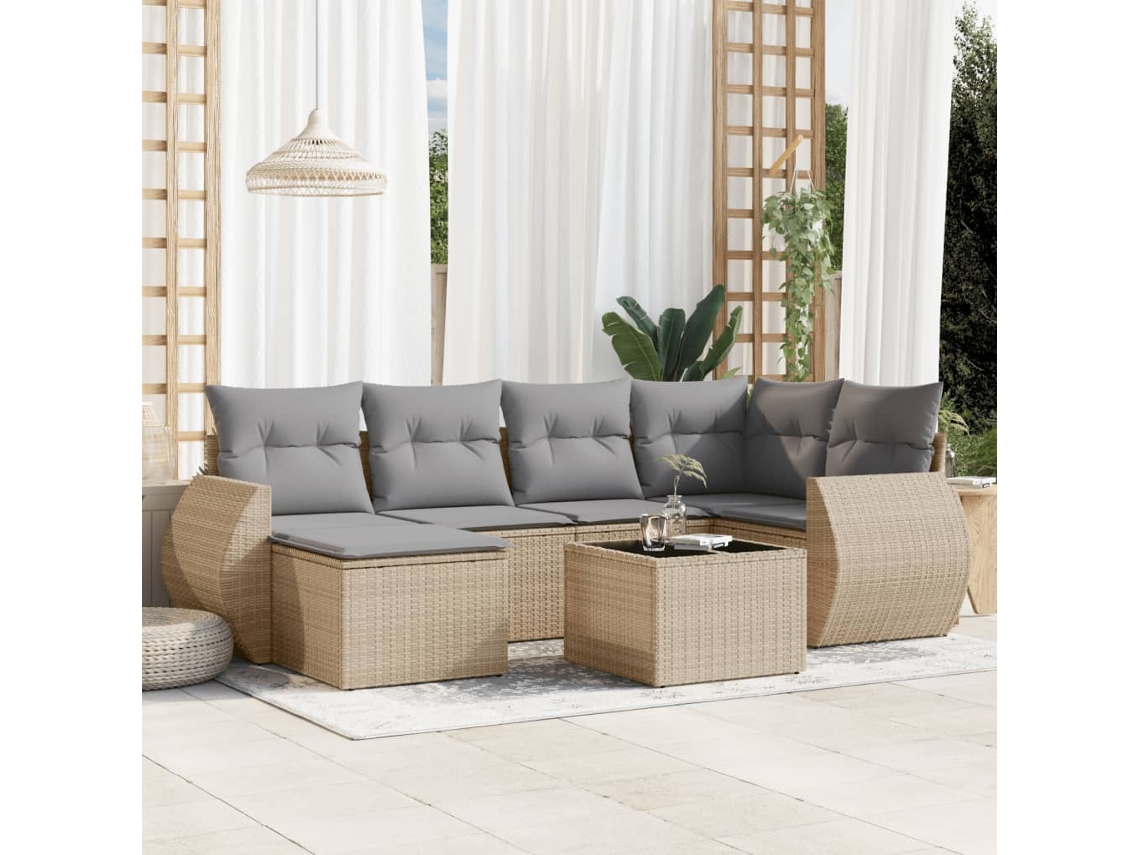 Vidaxl 7 Pcs Conjunto De Sofás P/ Jardim Com Almofadões Vime Pe Bege