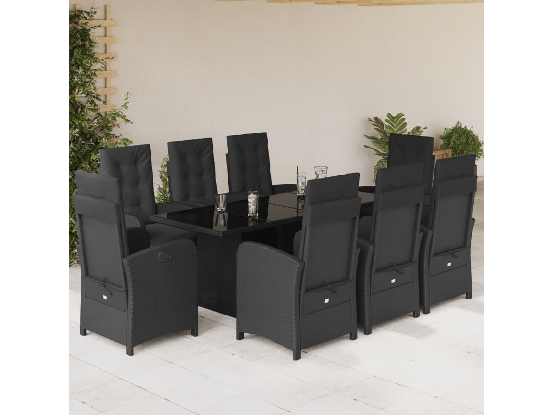 9 Pcs Conjunto De Jantar P/ Jardim C/ Almofadões Vime Pe Preto Dkd Home Decor