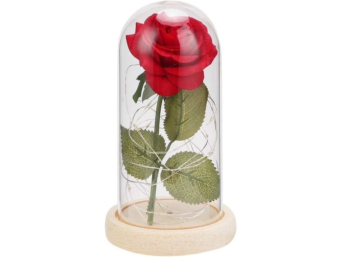 Lâmpada de mesa com rosa imitada em vidro e base de madeira para decoração e presente S/MARCA