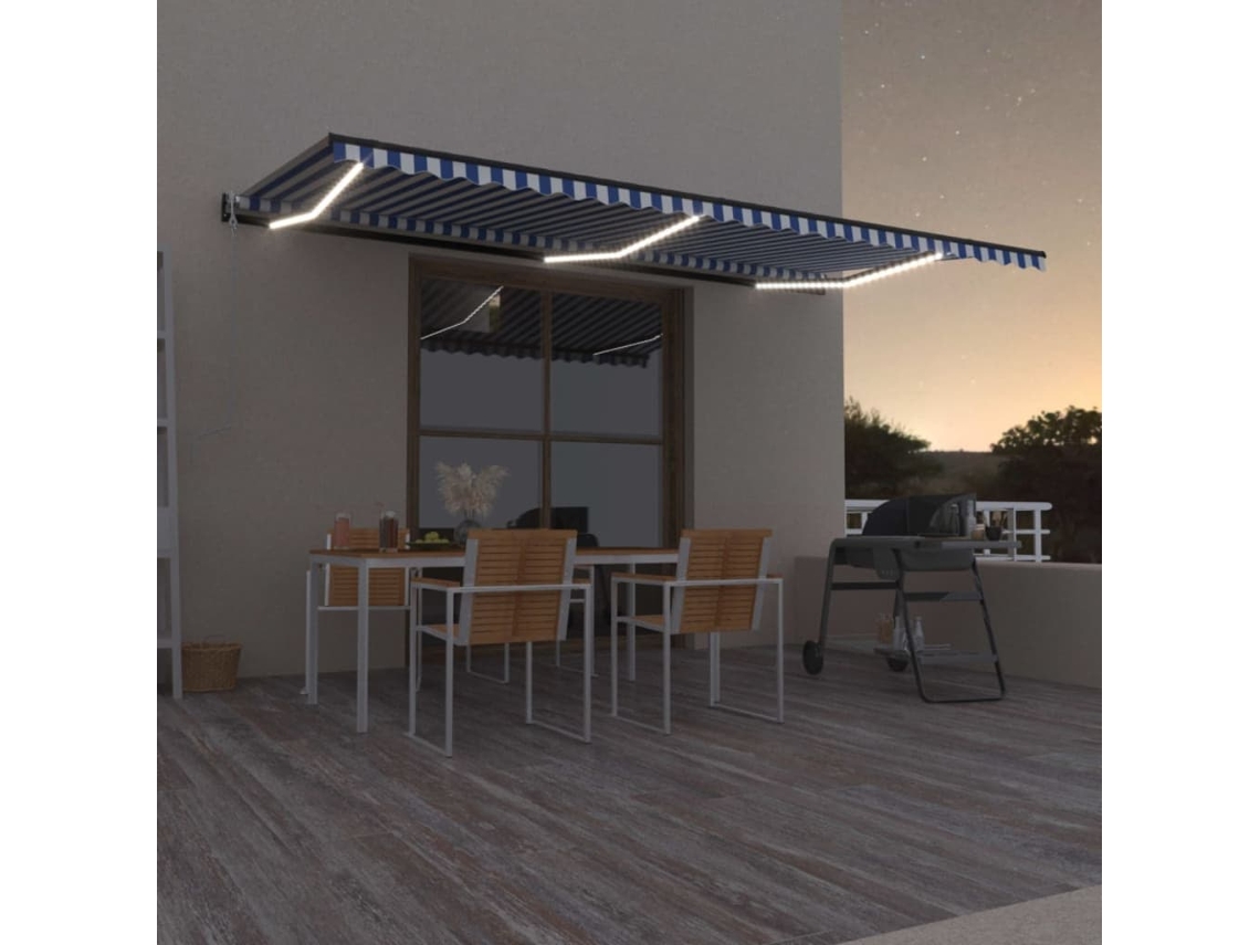 Vidaxl Toldo Automático Led E Sensor De Vento 600x300 Cm Azul E Branco