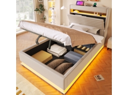 Cama Estofada De Solteiro Com Arrumação Hidráulica, Led E Usb 218x92.5x113cm Linho Bege