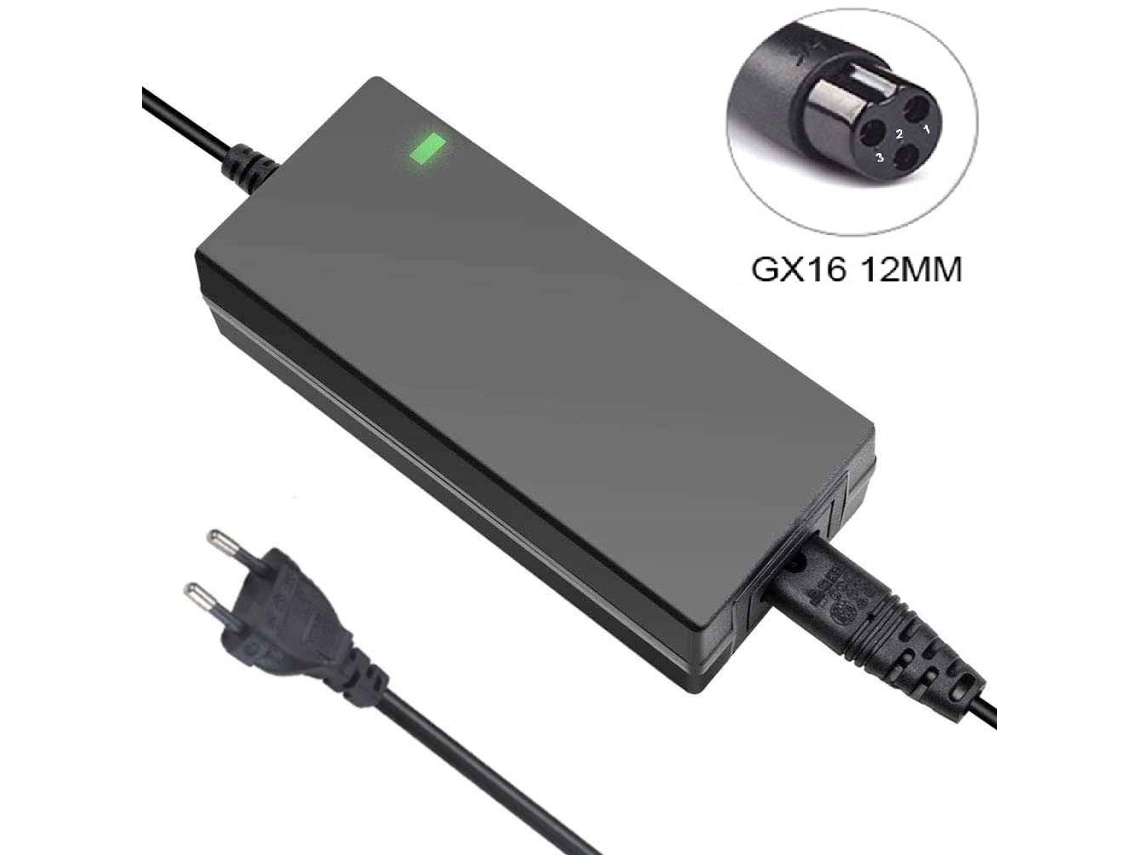 Carregador de Bateria 54.6V 2A para Bicicleta Eléctrica 48V com Conector Gx16 3 Pinos