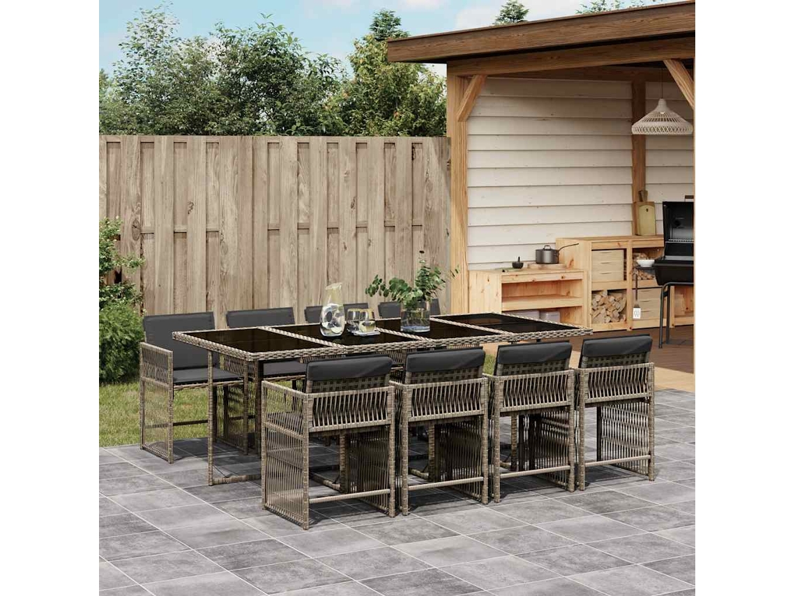 Vidaxl 9 Pcs Conjunto De Jantar P/ Jardim C/ Almofadões Vime Pe Cinza