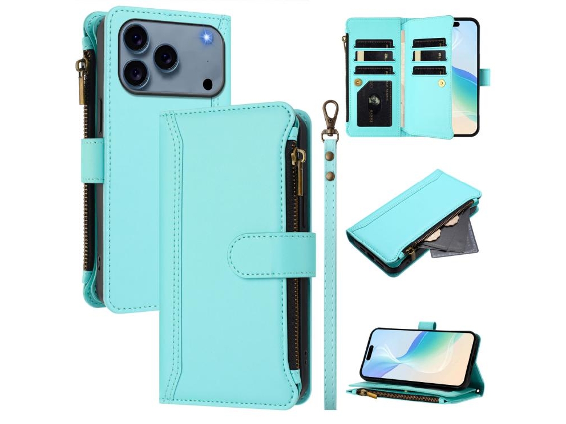 Capa Para Iphone 17 Pro Max - Couro Com Fecho Magnético, 9 Compartimentos Para Cartões E Alça De Mão