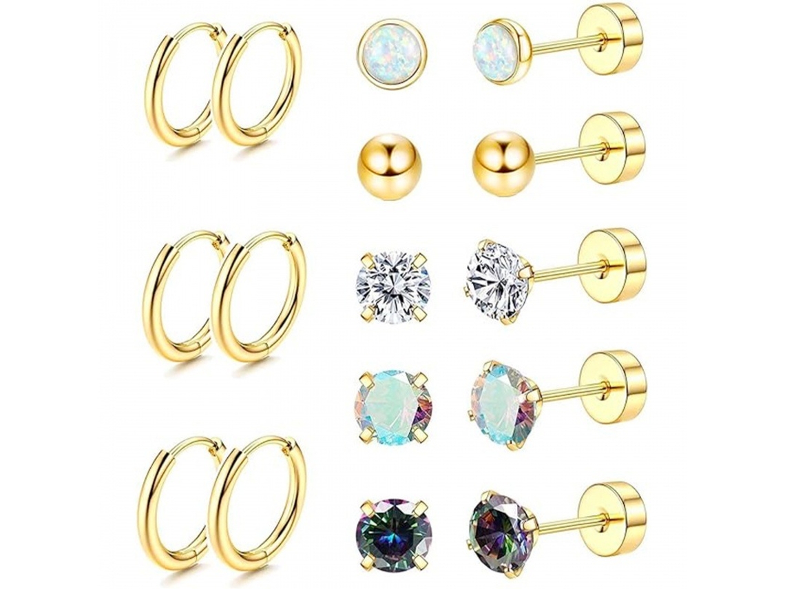 Brincos, 8 Pares De Brincos De Aço Inoxidáve Com Zircônia Redonda, Ideais Para Orelhas Sensíveis (dourado) Spqment