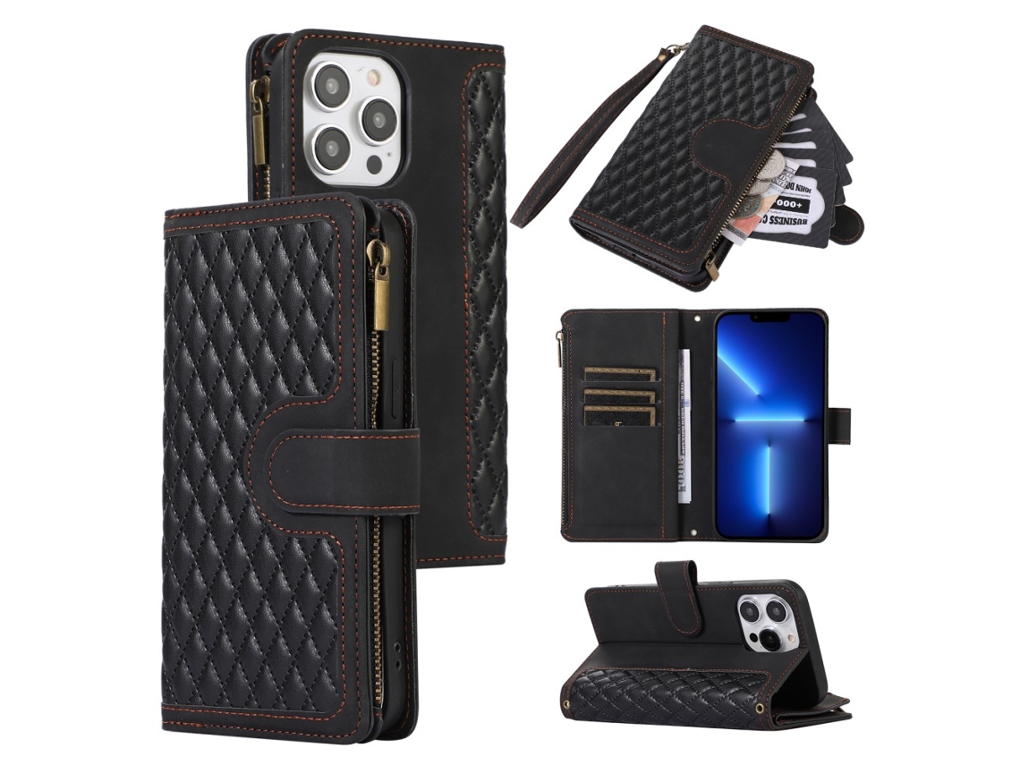 Capa Inch Para Iphone 13 Pro Max Pele Sintética Com Porta-cartões Preto