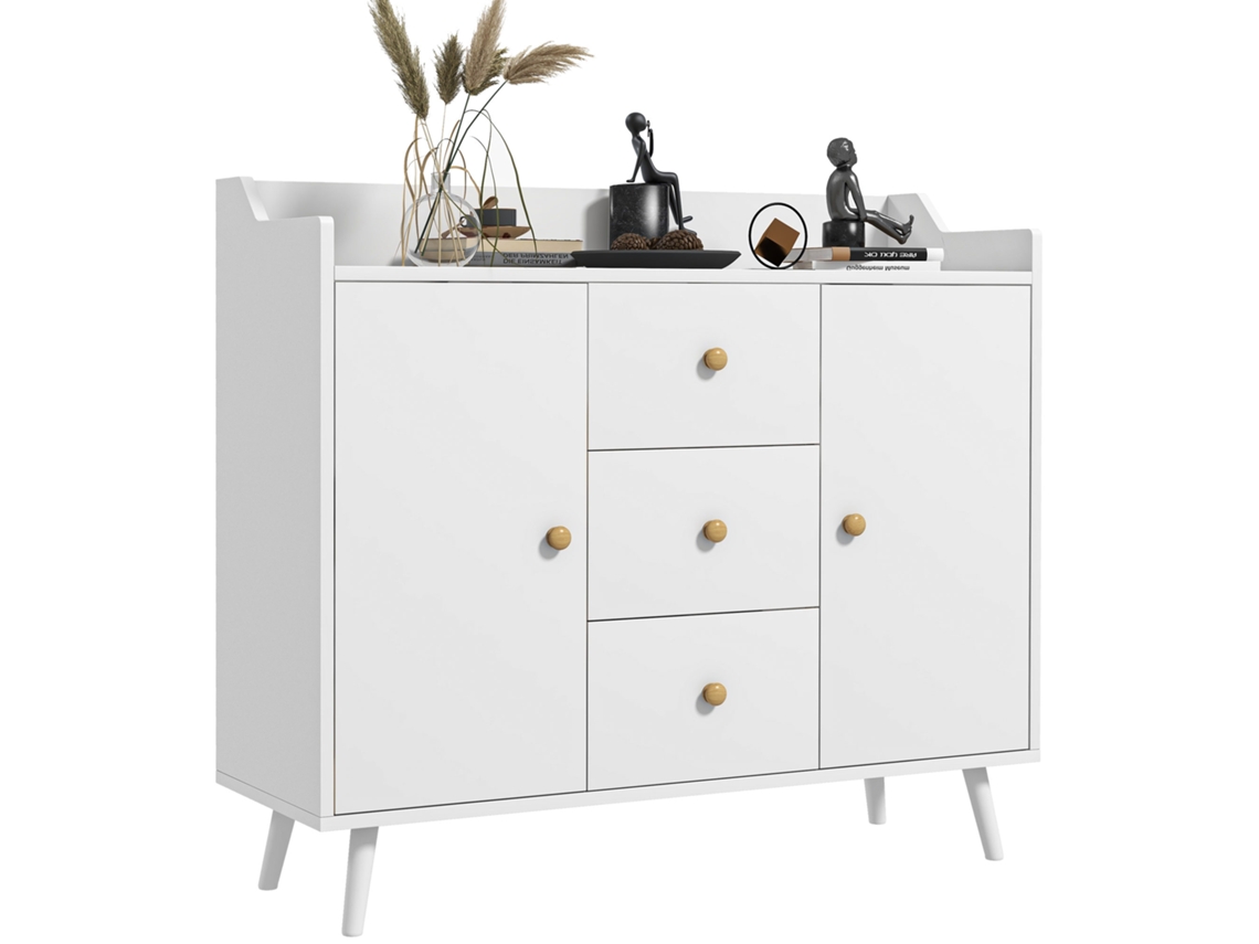 Credenza moderna em madeira com 3 gavetas e 2 armários de 2 níveis 90x32x80 Cm branco BTFORUS